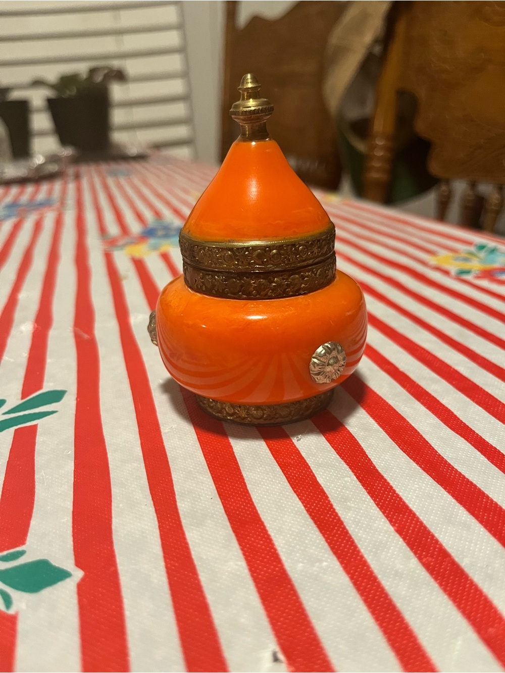 Orange Decorative Trinket Box with Brass Accents